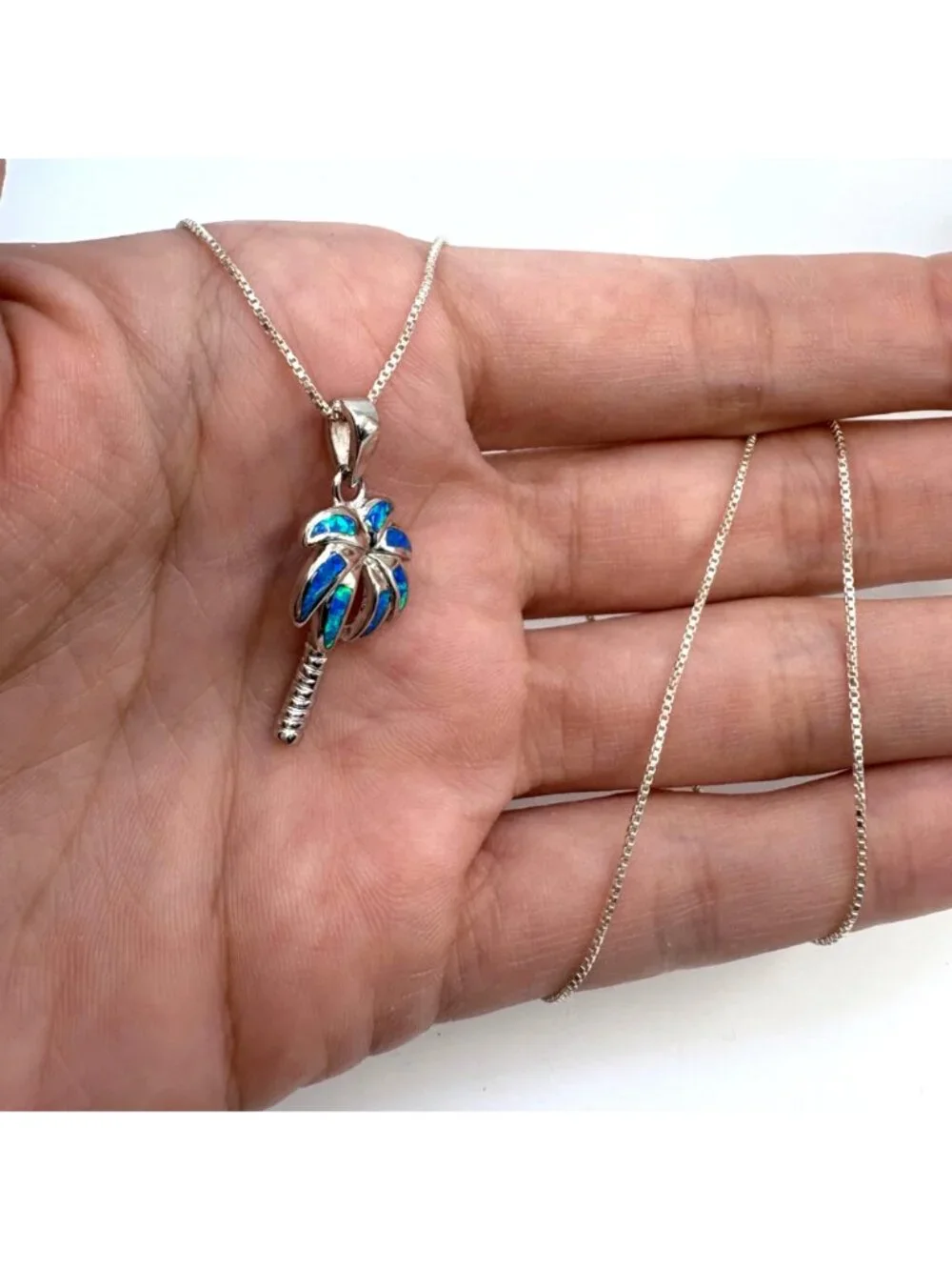 Blue Opal Palm Tree Pendant Necklace Sterling Silver 925 Size 15.5